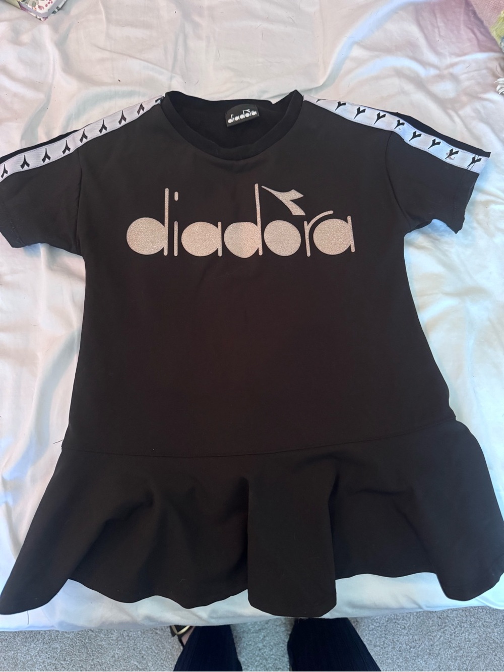 Diadora Black Dress with Glitter Logo and Tape-Trim Shoulders